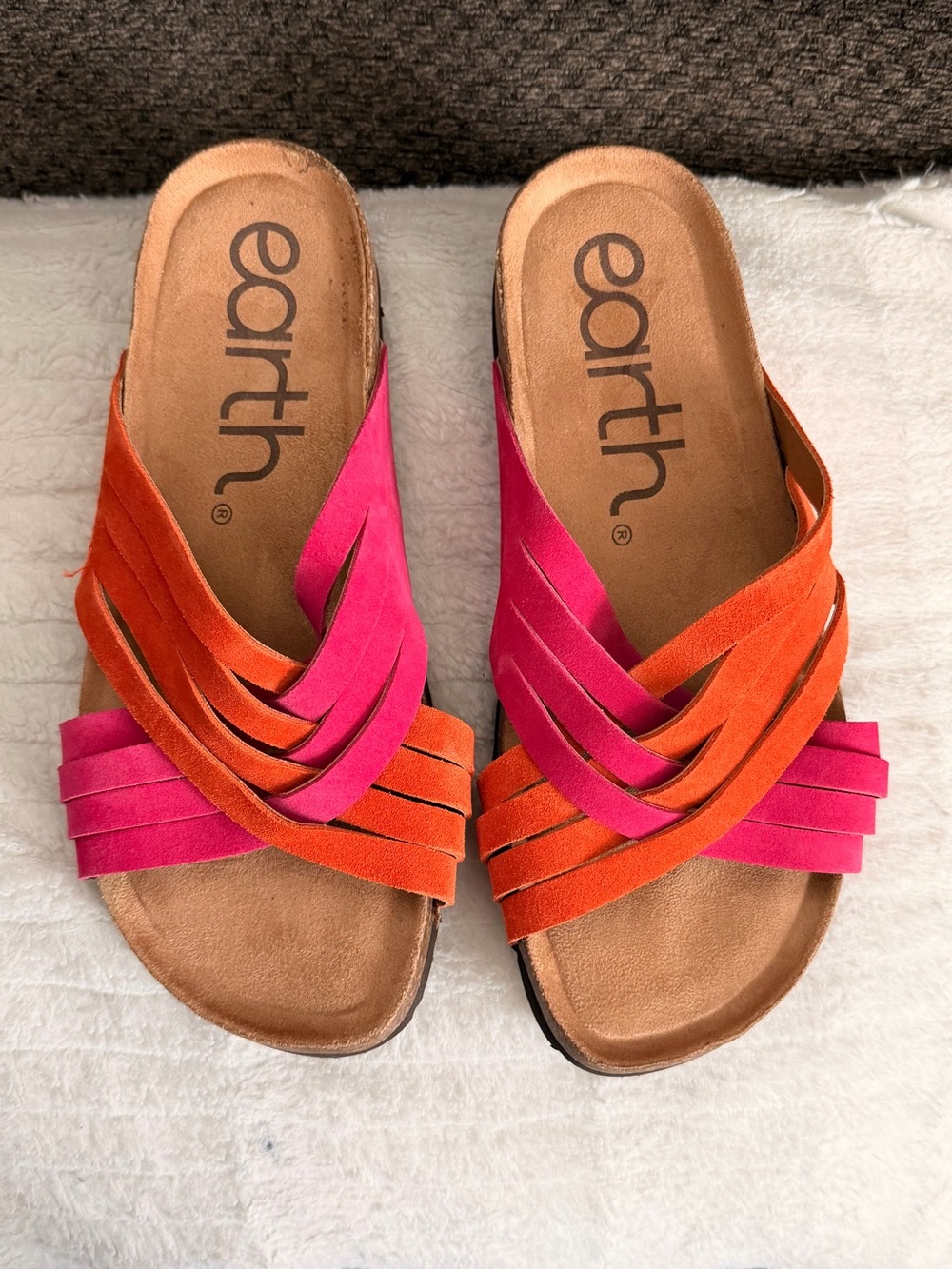 Earth Multistrap Slide Sandals in Orange and Pink